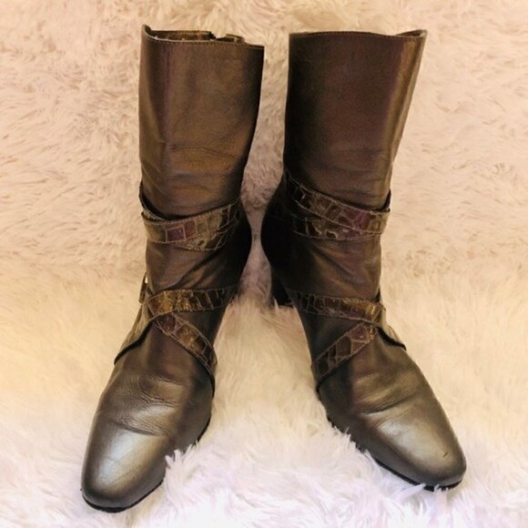 Brighton Heeled Boots 7.5 Risque Leather Mid-Calf Alligator Pewter Silver - Picture 7 of 11